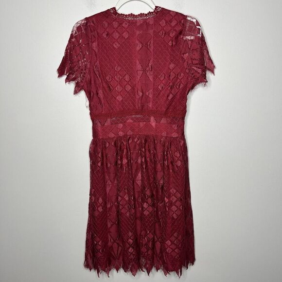 Anthropologie Foxidoe Dress Womens Medium Lace Burgundy Deep V Holiday Party - Picture 6 of 14